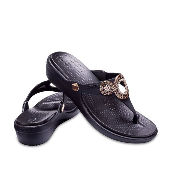 CROCS Shoes - Crocs Sanrah Diamante Embellished Black/Rose Gold Wedge Flip Sandal Women's 6 w